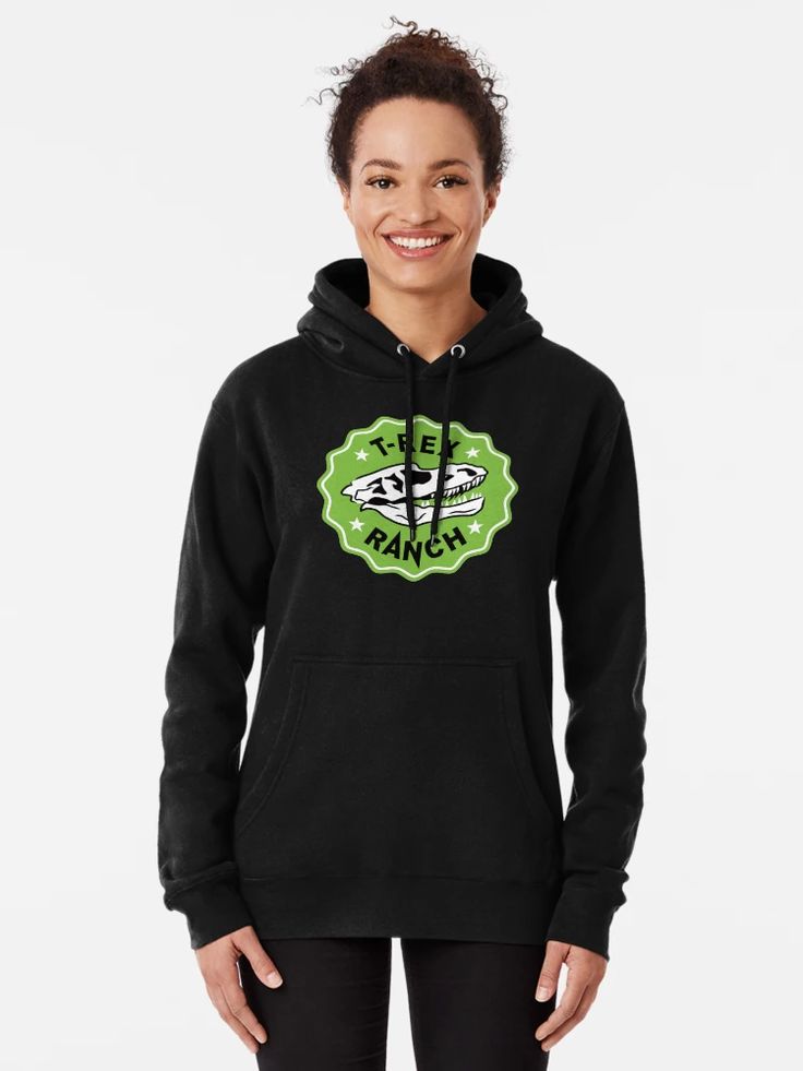 Women Cozy black hoodie featuring a dinosaur skull emblem with green “T-Rex Ranch” logo design