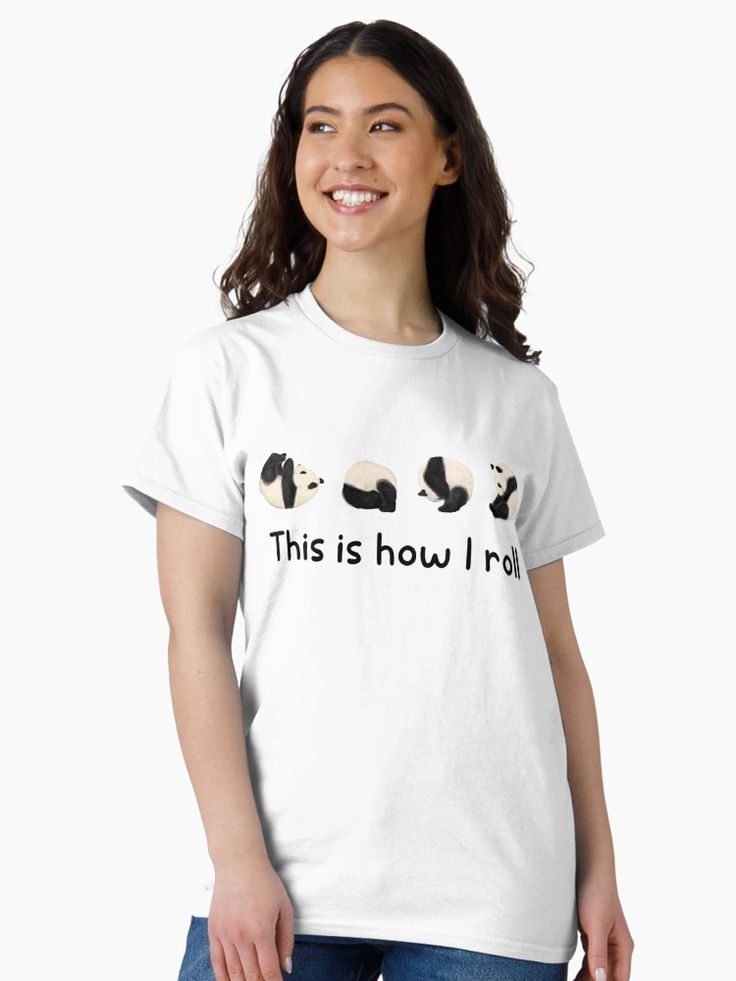White t-shirt with five rolling panda illustrations and “This is how I roll” text underneath