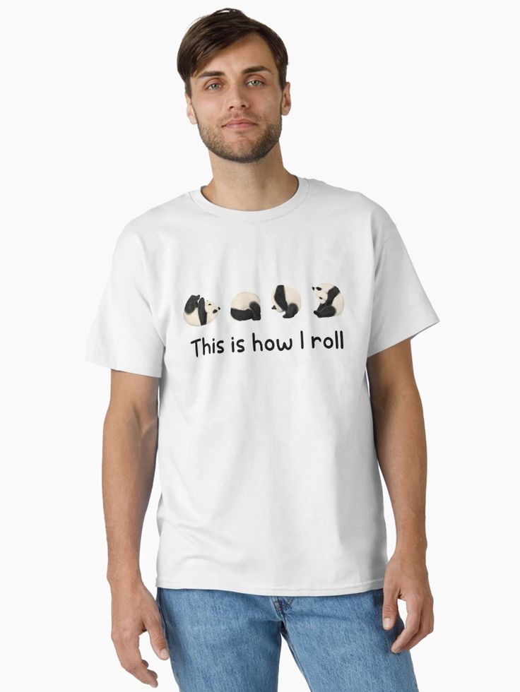 men White t-shirt with five rolling panda illustrations and “This is how I roll” text underneath