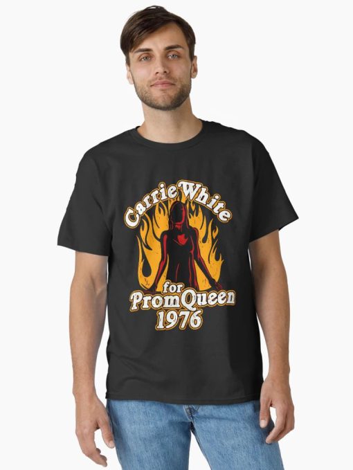 Men Black t-shirt with flaming silhouette of Carrie White and “Prom Queen 1976” vintage horror design