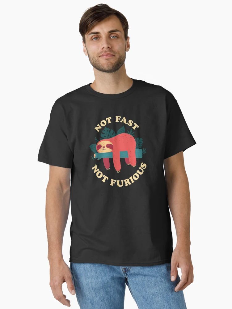 Men Black t-shirt with cute sloth and text “Not Fast Not Furious” funny lazy animal design
