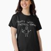 Black t-shirt with hand-drawn stick figure and the phrase “Buffy Will Patrol Tonight” in playful handwritten font