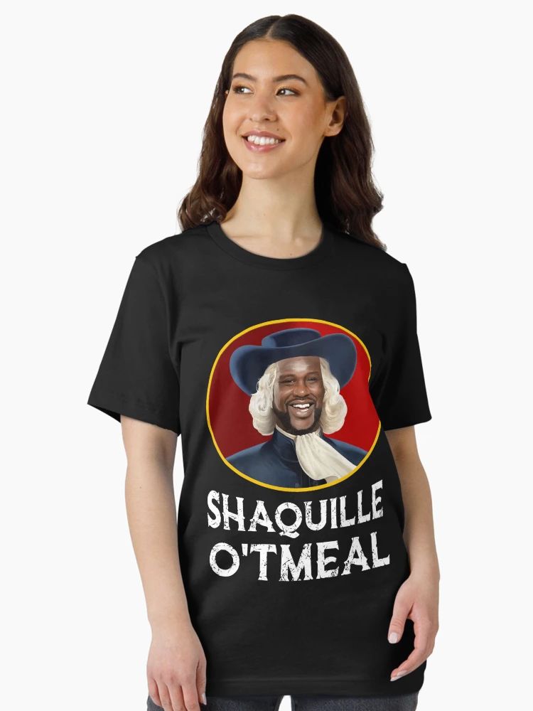 Women Black t-shirt featuring a cartoon-style image of Shaquille O'Neal dressed like an oatmeal mascot, with the text “Shaquille O’Tmeal.”