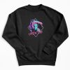 Black sweatshirt with neon slasher graphic and “Crystal Lake” in retro pink and blue