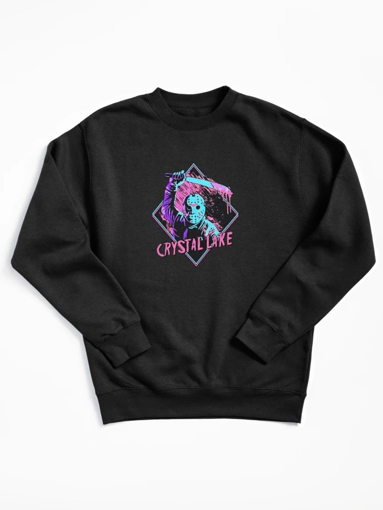 Black sweatshirt with neon slasher graphic and “Crystal Lake” in retro pink and blue