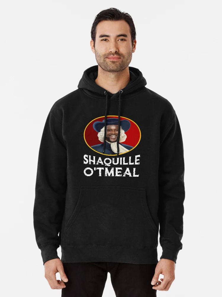 Black hoodie with funny graphic of Shaquille O'Neal styled like a classic oatmeal box character