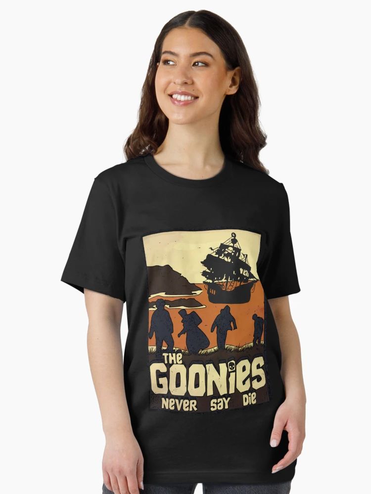 Women Black t-shirt featuring sunset silhouette of The Goonies crew and pirate ship with “The Goonies Never Say Die” text