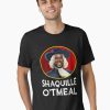 Black t-shirt featuring a cartoon-style image of Shaquille O'Neal dressed like an oatmeal mascot, with the text “Shaquille O’Tmeal.”