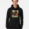 Black hoodie with Goonies silhouettes, pirate ship, and retro “Never Say Die” text for nostalgic movie fans