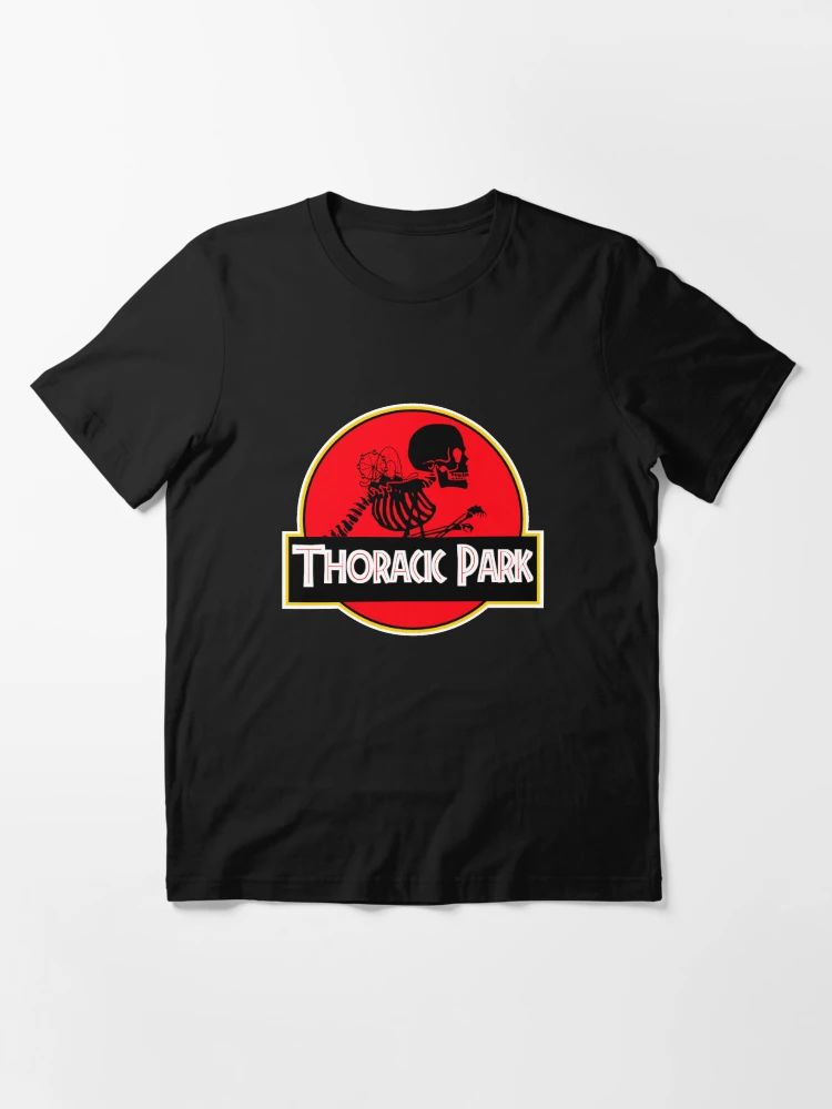 Black nursing T-shirt with a parody red-and-yellow logo showing a ribcage skeleton and text “Thoracic Park” in bold font