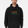 Black hoodie with bold “Classless vs Catholics” text in orange and green collegiate font, worn by a male model.