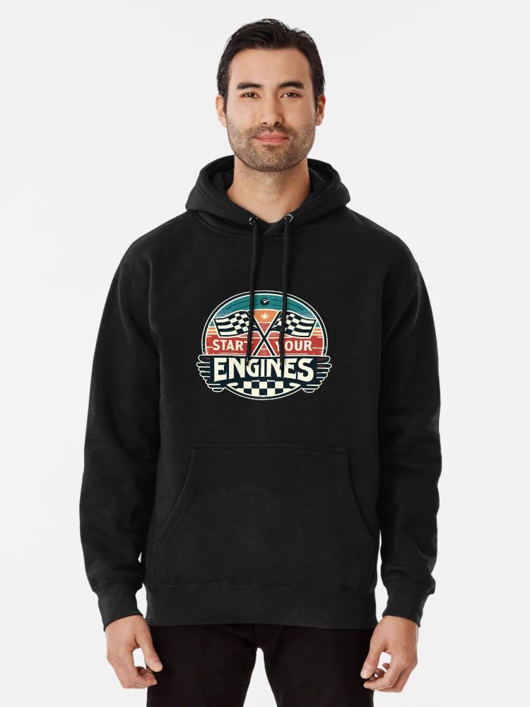 Black hoodie with retro vintage racing design featuring checkered flags, red star, and slogan “Start Your Engines
