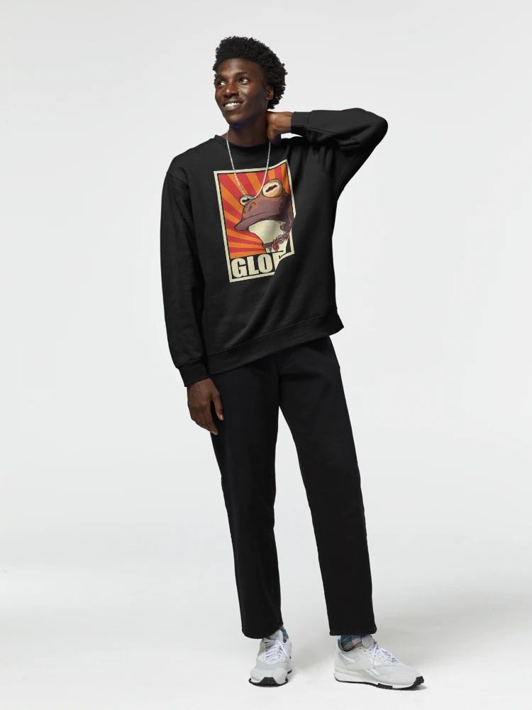 Men Black sweatshirt with vintage-style GLORY frog meme design in red, orange, and beige