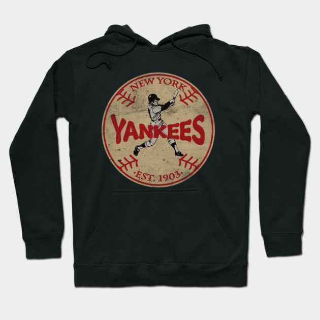Black Hoodie with vintage New York Yankees design featuring a baseball batter silhouette, distressed circle logo, and red “Yankees” text