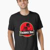 Men Black nursing T-shirt with a parody red-and-yellow logo showing a ribcage skeleton and text “Thoracic Park” in bold font