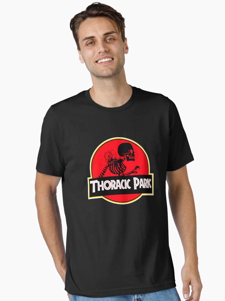 Men Black nursing T-shirt with a parody red-and-yellow logo showing a ribcage skeleton and text “Thoracic Park” in bold font