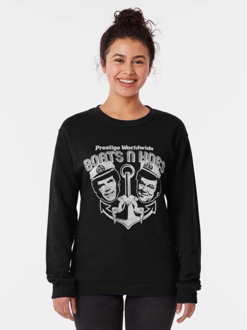 Black sweatshirt with distressed white “Boats N Hoes” design featuring two men in captain hats and anchor graphic.
