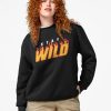 Women Black Sweatshirt with “Stay Wild” flame-text design in yellow and red, worn by a smiling male model