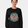 Black sweatshirt with retro vintage racing design featuring checkered flags, red star, and slogan “Start Your Engines