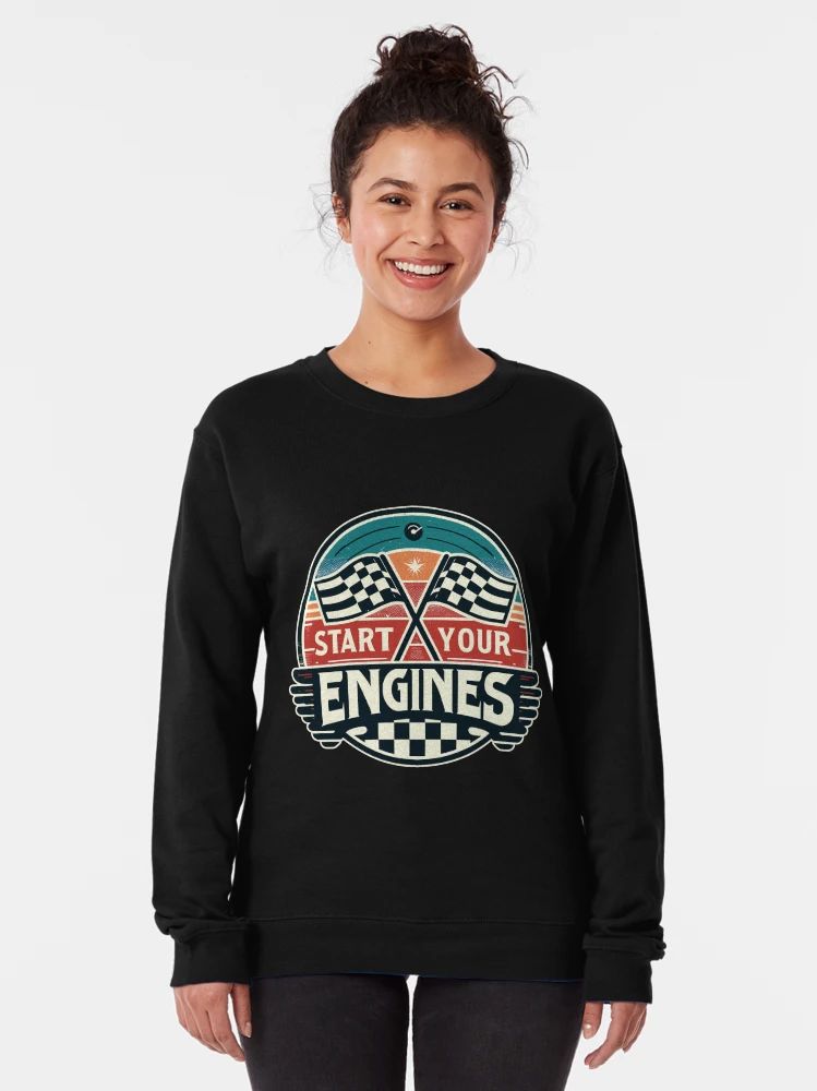 Black sweatshirt with retro vintage racing design featuring checkered flags, red star, and slogan “Start Your Engines