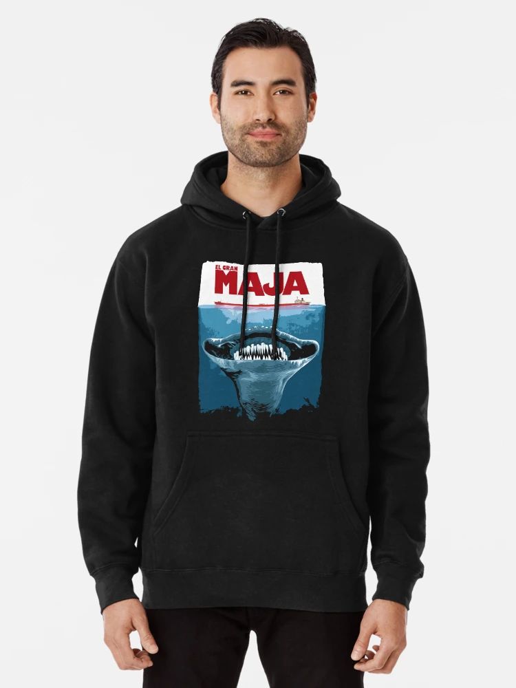 Black Hoodie with retro movie-poster design of a giant sea creature and “El Gran Maja” text in bold red letters.