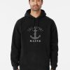 Black Hoodie featuring “Collinsport 1972 Maine” text and a grey anchor graphic, modeled by a young man.
