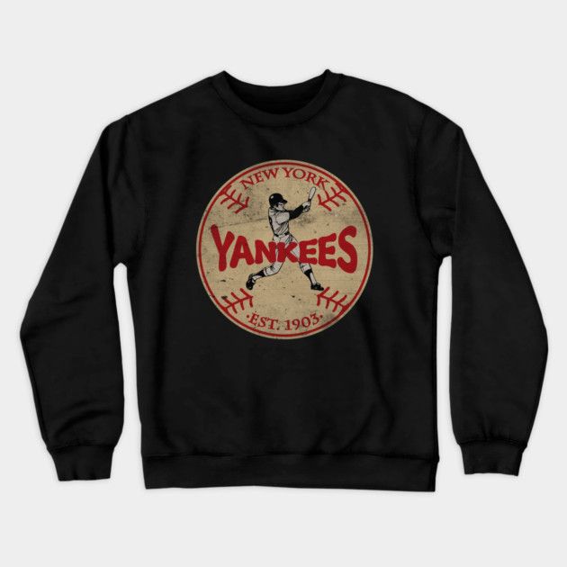 Black Sweatshirt with vintage New York Yankees design featuring a baseball batter silhouette, distressed circle logo, and red “Yankees” text