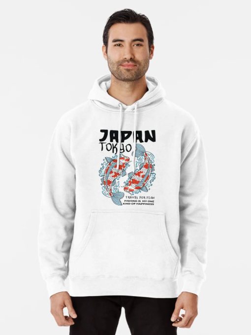 White Hoodie with Tokyo Japan koi fish design and “Fishing is my one kind of happiness” quote in black and red