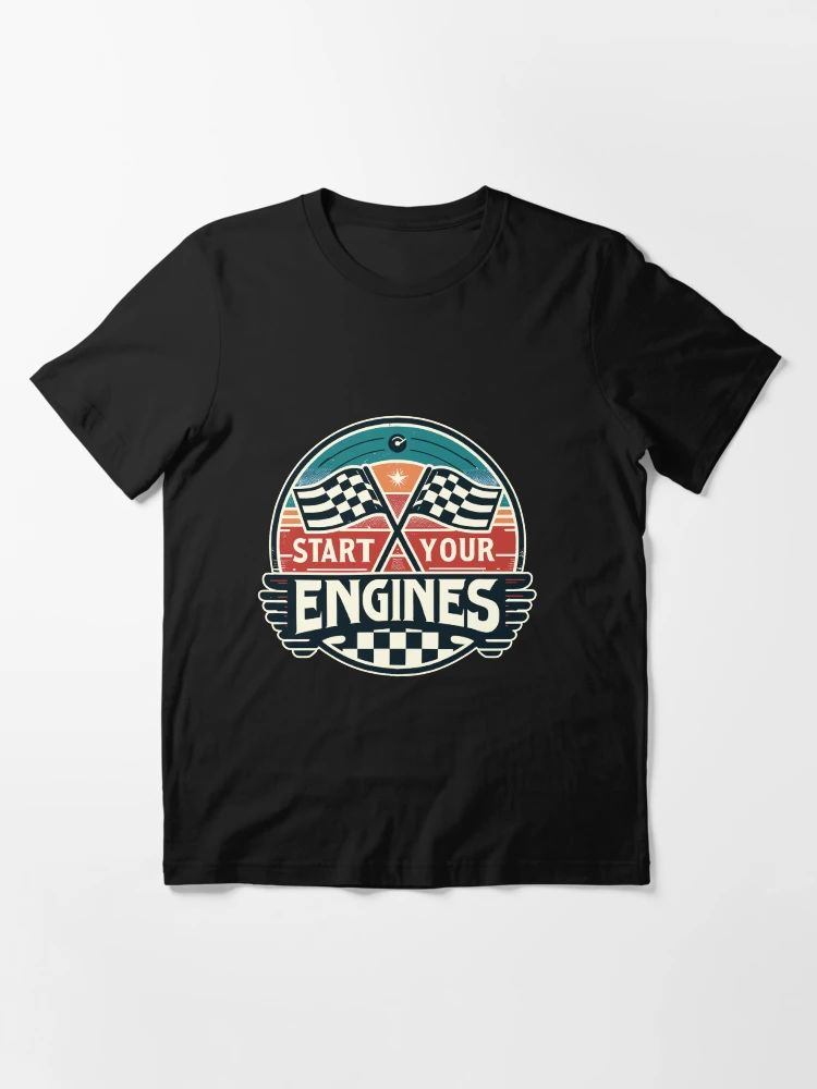 Black t-shirt with retro vintage racing design featuring checkered flags, red star, and slogan “Start Your Engines