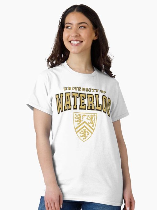Women White Shirt with “University of Waterloo” text and golden crest printed on the front.