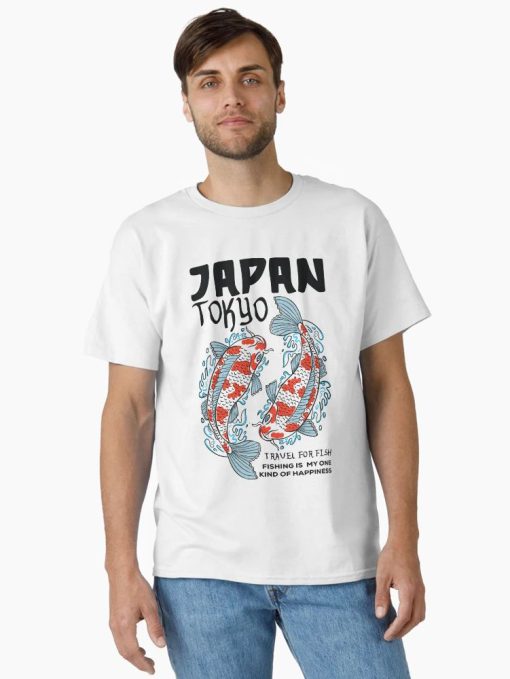 White T-shirt with Tokyo Japan koi fish design and “Fishing is my one kind of happiness” quote in black and red