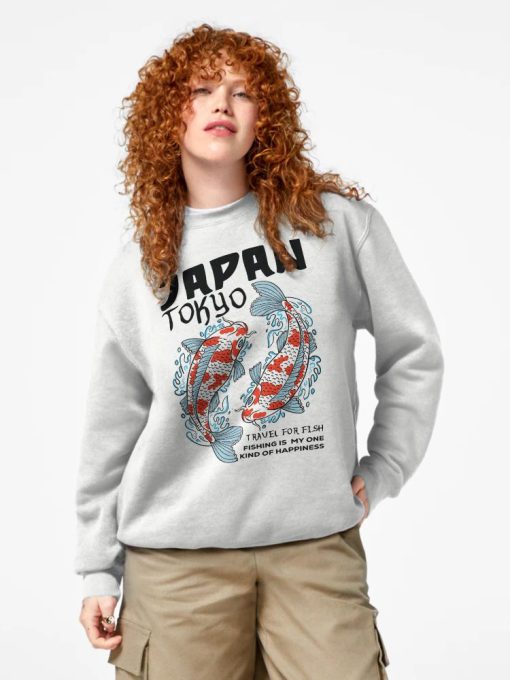 Grey sweatshirt with Tokyo Japan koi fish design and “Fishing is my one kind of happiness” quote in black and red