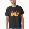 Men Black Tee with “Stay Wild” flame-text design in yellow and red, worn by a smiling male model