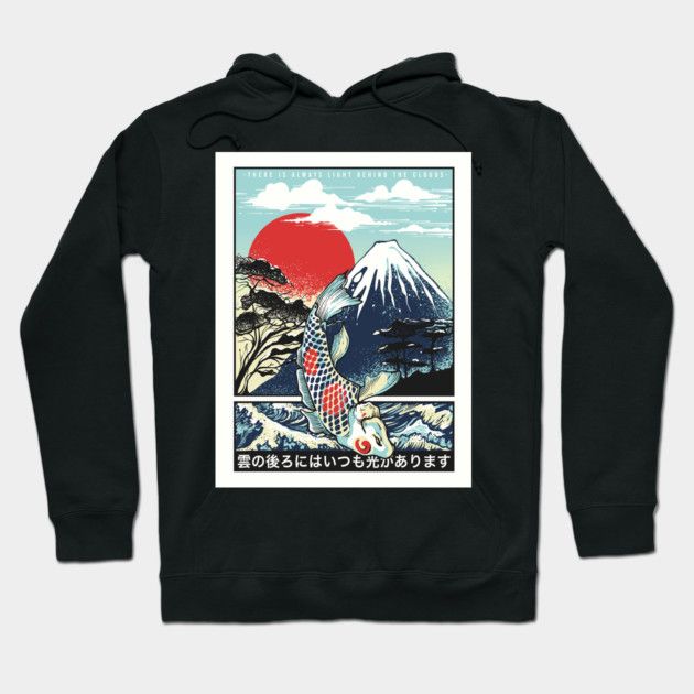 Black Hoodie with Japanese ukiyo-e style koi fish, Mount Fuji, red rising sun, waves, and quote in Japanese and English