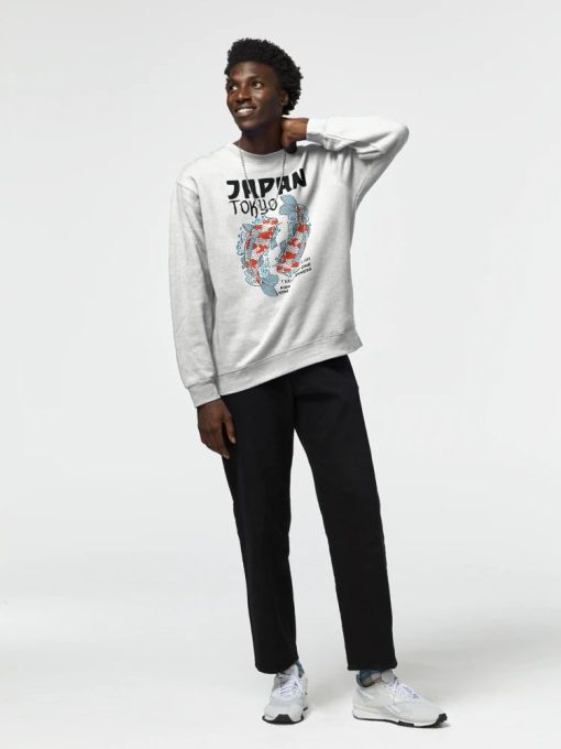 White sweatshirt with Tokyo Japan koi fish design and “Fishing is my one kind of happiness” quote in black and red