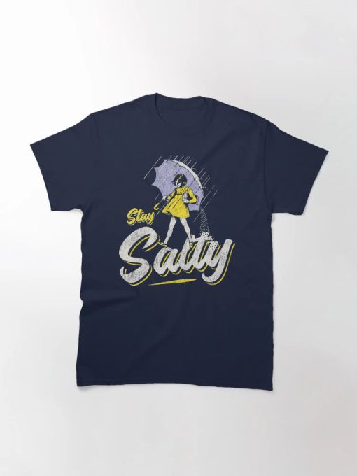 Black T-shirt with retro “Stay Salty” text and vintage salt girl parody graphic holding umbrella