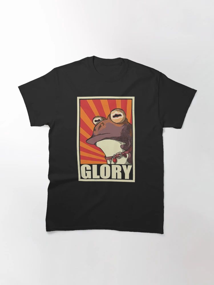 Black Tshirt with vintage-style GLORY frog meme design in red, orange, and beige