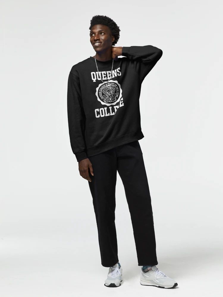 Men Black sweatshirt with Queens College New York seal in white varsity-style font
