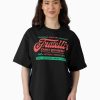 Black t-shirt with red and green retro logo reading “Fratelli’s Family Restaurant – Astoria Oregon” and playful food list