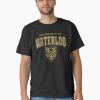 Black T-shirt with “University of Waterloo” text and golden crest printed on the front.
