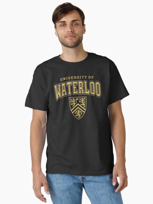Black T-shirt with “University of Waterloo” text and golden crest printed on the front.