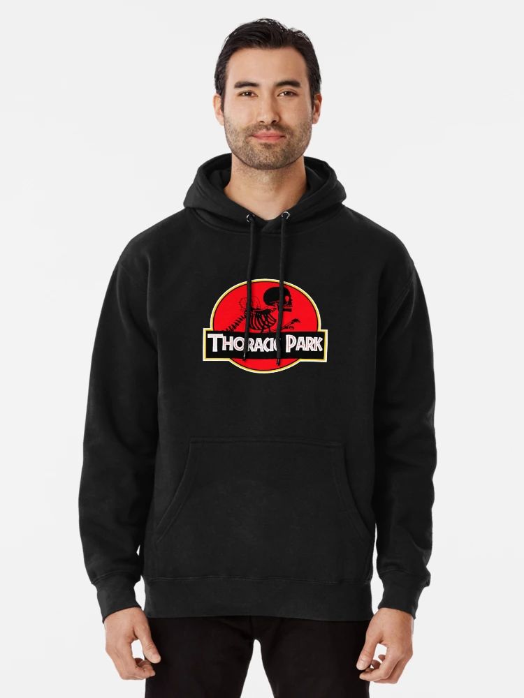 Men Black nursing Hoodie with a parody red-and-yellow logo showing a ribcage skeleton and text “Thoracic Park” in bold font