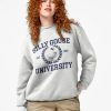 Gray sweatshirt with “Silly Goose University” text and illustrated goose in laurel crest