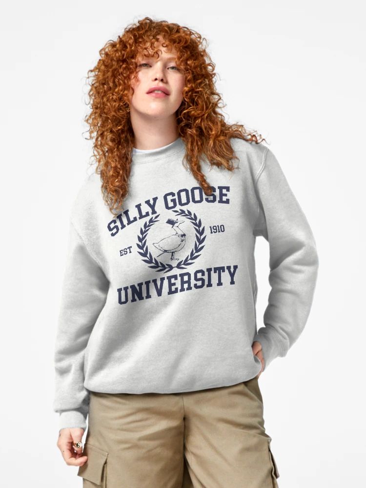 Gray sweatshirt with “Silly Goose University” text and illustrated goose in laurel crest