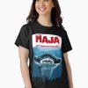 Women Black t-shirt with retro movie-poster design of a giant sea creature and “El Gran Maja” text in bold red letters.