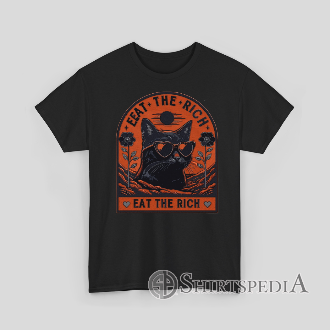 Black t-shirt with embroidery-style print of a cat wearing heart sunglasses and text “Eat The Rich”