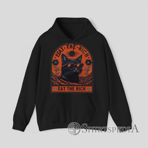 Black Hoodie with embroidery-style print of a cat wearing heart sunglasses and text “Eat The Rich”.