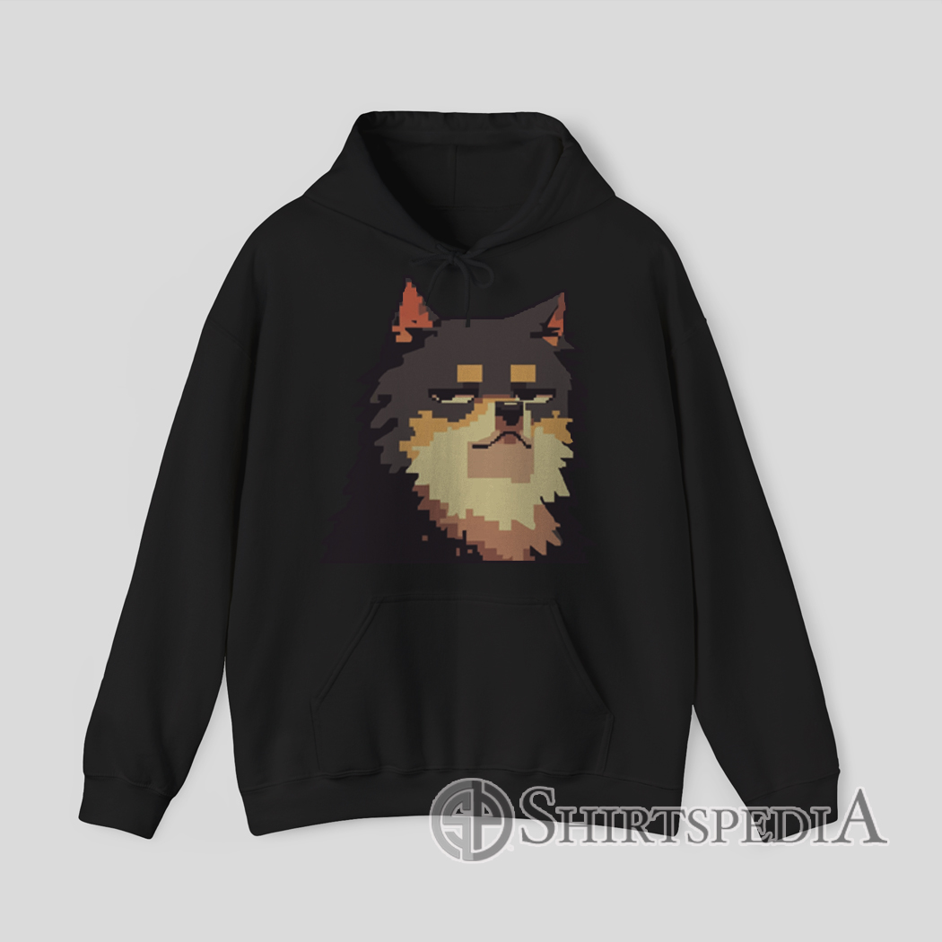 Black Sweatshirt with pixel art graphic of a fluffy dog making a smug silly face