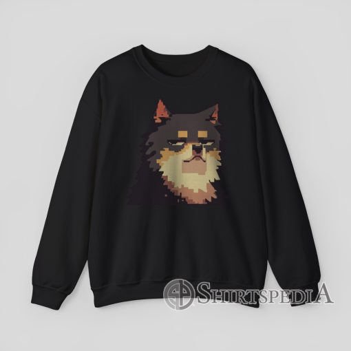 Black Hoodie with pixel art graphic of a fluffy dog making a smug silly face
