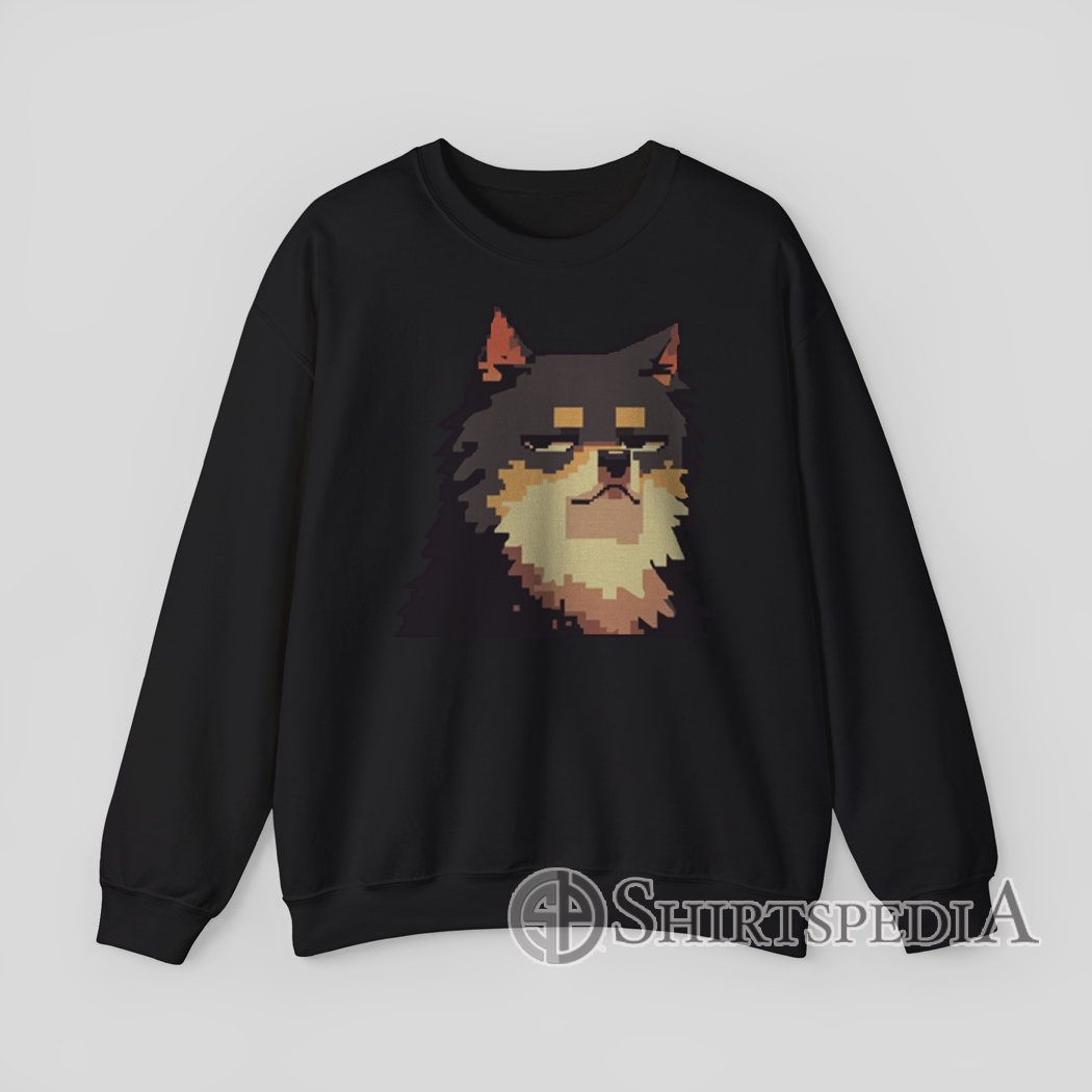 Black Hoodie with pixel art graphic of a fluffy dog making a smug silly face